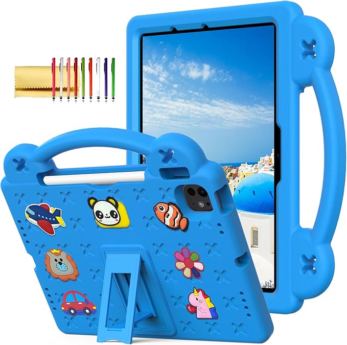 Dteck iPad Air 13"/Pro 13" 2024 M4/Pro 12.9 6th/5th/4th/3rd Gen Case - Cartoon Panda Shockproof Rugged Lightweight Convertible Stand With Handles, Kids Friendly, Sky Blue