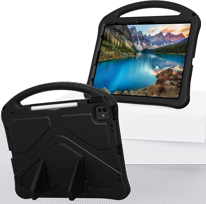 Kids Case for iPad Air 13 inch M4/M3/M2 (2026/2025/2024) with Pencil Holder/Shockproof Handle/Kickstand/Slim Lightweight Soft EVA Foam Folio Stand Tablet Protective Girls Boys Cover, Black