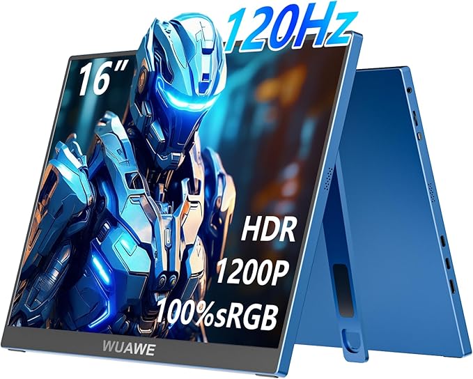 WUAWE 16" 1200P 120Hz Portable Monitor for Laptop, 100% sRGB Portable Laptop Monitor with Built-in Stand, HDR and Freensync, External USB C Monitor for Phone, MacBook, Laptop, PC(Blue)