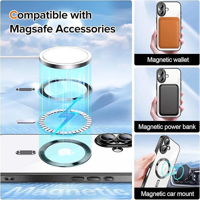 Hython Magnetic Clear for iPhone 16 Plus Case with Camera Lens Protector [Compatible with MagSafe] Luxury Plating Edge Slim Soft TPU Cover Protective Phone Case for iPhone 16 Plus 6.7", Black
