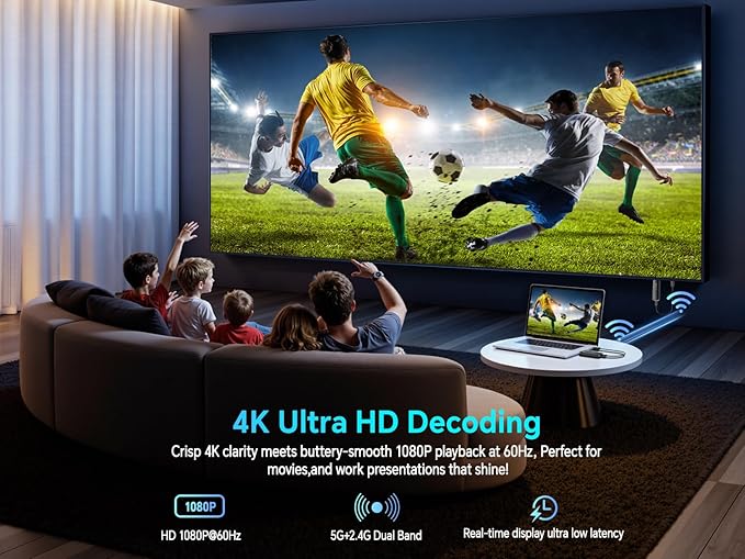 Wireless hdmi Transmitter and Receiver 328FT/100M，4K Decode Plug & Play Portable 5G+2.4G Wireless Display Adapter Extender Kit for Video and Audio to Monitor from PC/Projector