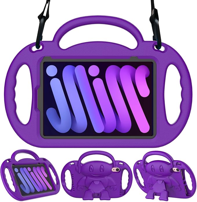 Kids Case for iPad Mini 7 (A17 Pro) 2024/ Mini 6 2021, iPad Mini 7th/6th Generation Case with Shoulder Strap - Durable Shockproof with Handle Stand Protective Cover for iPad 8.3 Inch, Purple