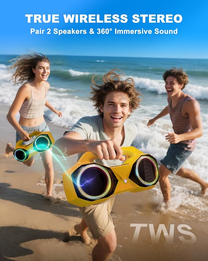 OZJ Bluetooth Speaker 80W(Peak) Loud with Bass, 20H Playtime, IPX7 Waterproof, RGB Lights, TWS, Large Portable Wireless Speakers for Outdoor, Home, Party, Pool, Beach, Tailgating, Gym, Work (Yellow)