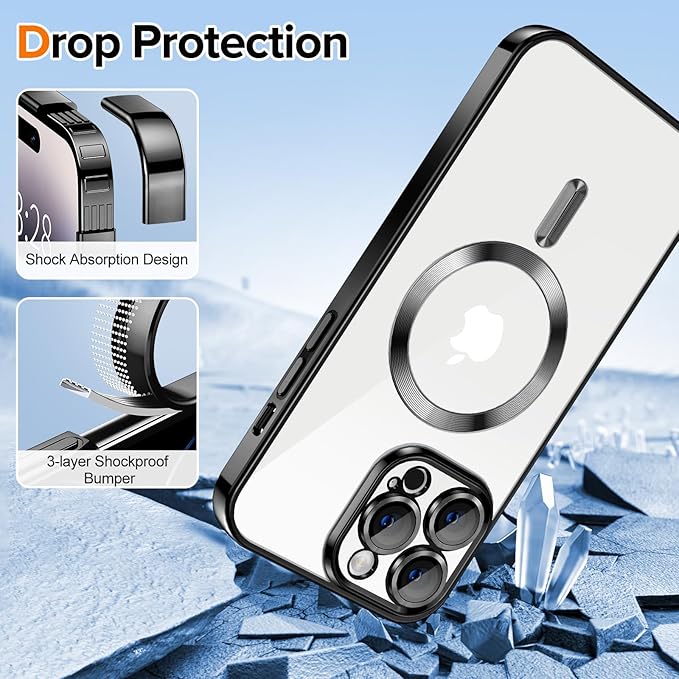 Hython Magnetic Clear for iPhone 14 Pro Case with Camera Lens Protector [Compatible with MagSafe] Luxury Plating Edge Slim Soft TPU Cover Protective Phone Case for iPhone 14 Pro 6.1", Black