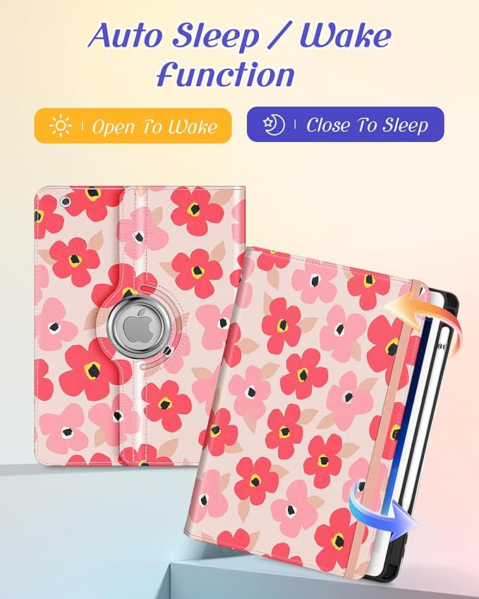 Kidcube for iPad 9th/8th/7th Generation Case 10.2 Inch - for Women Girls Cute Rotating Stand Folio Cover with Pencil Holder & Card Slot Girly Kawaii Floral Flower Design for iPad 9th/8th/7th Gen Cases