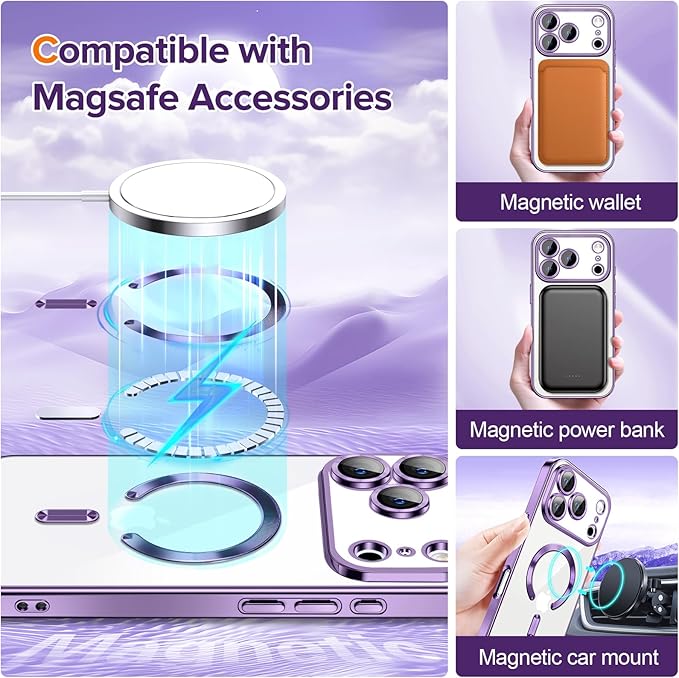 Hython Magnetic Clear for iPhone 17 Pro Max Case with Camera Lens Protector [Compatible with MagSafe] Plating Edge Slim Soft TPU Cover Protective Phone Case for iPhone 17 Pro Max 6.9", Deep Purple