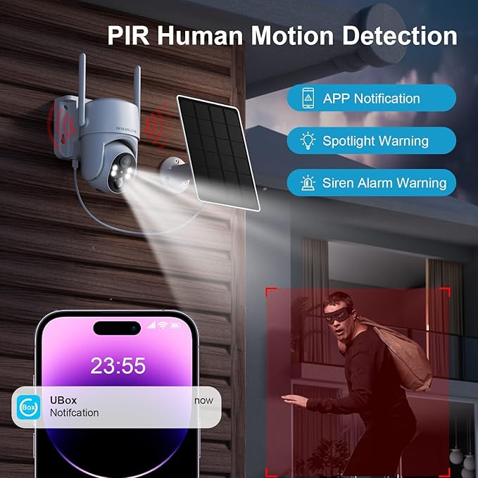 HOSAFE.COM Solar Security Cameras Wireless Outdoor, 360° PTZ Remote Cameras for Home Security Solar Powered, 2K 3MP Security Camera Outdoor Wireless, Free Cloud Storage(Need Apply)