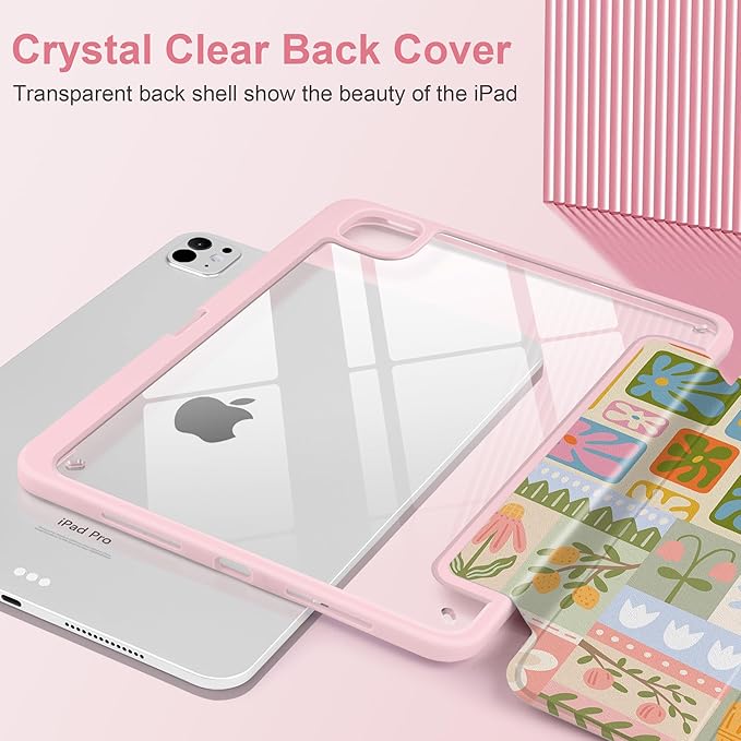 Case for iPad Pro 11 inch (M5) 2025 (M4) 2024 Release Slim Lightweight Cute Light Pink Cover with Clear Back TPU Edge Pencil Holder Trifold Stand, Flower Patchwork