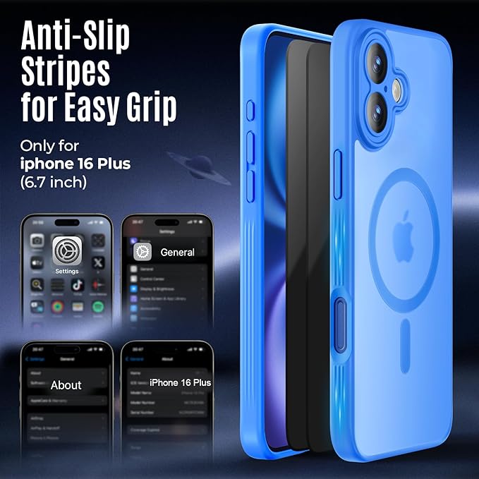 Symcele Designed for iPhone 16 Plus Case, Compatible with MagSafe, with Privacy Screen Protectors X2, [Camera Protection] [15FT Military Drop Protection] Shockproof Phone Case, 6.7", Blue