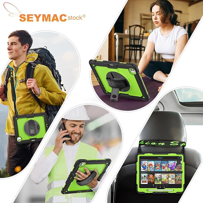 SEYMAC stock Case for iPad Pro 13-inch M5-M4 2025-2024, Shockproof Heavy Duty Case with Screen Protector, Pencil Holder, Rotating Stand, Hand Strap, Shoulder Strap, Green