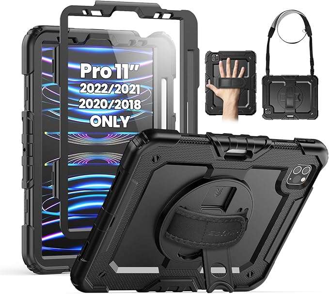 SEYMAC Case for iPad Pro 11 Case 4th/ 3rd/ 2nd/ 1st Gen (2022/2021/2020/2018), Full-Body Shockproof Protective Case with Screen Protector, 360° Rotating Stand and Hand/Shoulder Strap, Black