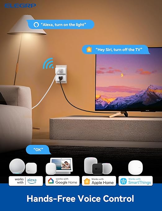 ELEGRP Matter Supported Mini Smart Plug, Smart Outlet 15A/1800W Max, Compatible with Apple Home, Siri, Alexa, Google Home, SmartThings, Compact Design, UL Certified, 2.4G Wi-Fi Only, White, 1 Pack