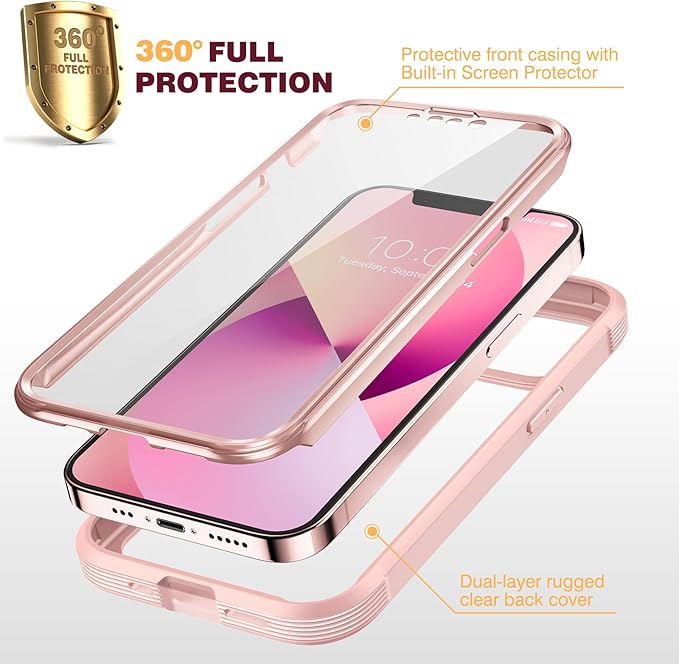 Diaclara Designed for iPhone 13 Case, Full Body Rugged Protection with Built-in Touch Sensitive Screen Protector, Soft TPU Bumper Case for iPhone 13 6.1" (Crystal Pink)