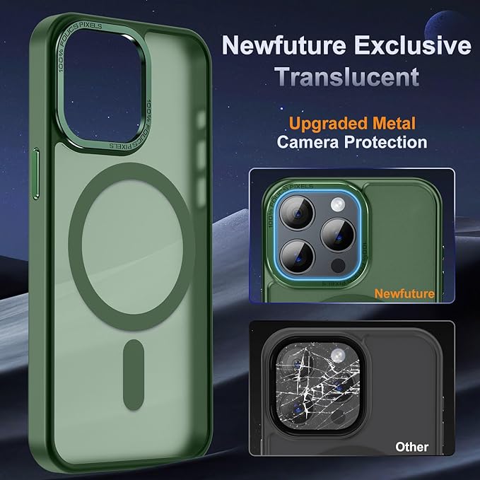Newfuture Upgraded Magnetic for iPhone 15 Pro Max Case [Compatible with Magsafe] [Mil-Grade Protection], Pocket-Friendly, Slim Translucent Phone Case Cover for iPhone 15 Pro Max 6.7", Dark Green