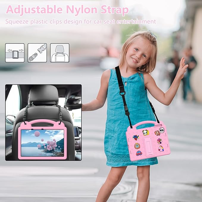 AKABEILA Compatible with Honor Pad 10 2025 12.1 inch Tablet Case, Kids Friendly Universal Lightweight Shockproof Protective Case with Shoulder Strap & Stand Handle Pink