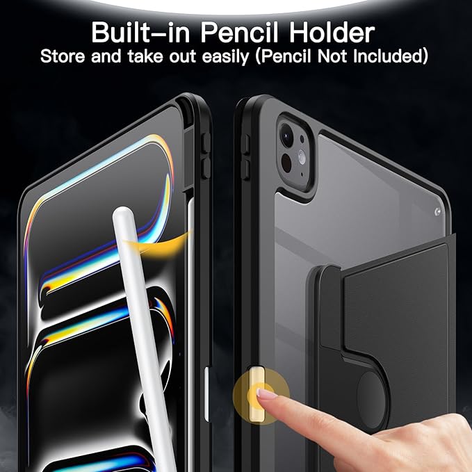 JETech Rotating Case ONLY for iPad Pro 11-Inch M5/M4 2025/2024 (6th/5th Generation) with Pencil Holder, 360 Degree Rotation Protective Stand Cover Clear Back, Auto Wake/Sleep (Black)