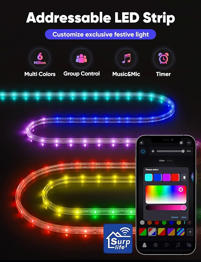 98FT Outdoor LED Strip Lights RGB+IC with Warm&Cool White, ETL Listed Music Sync Light Strip AC 120V, IP65 Waterproof and Connectable, for Party Festival Eave Porch Patio Every Day Decor