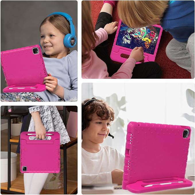 for iPad Pro 11 inch Case 2024 M4, Kids Proof Super Protection Cover for iPad Pro 11" with Pencil Holder & Anti-Slip Handle Stand - Rose Red