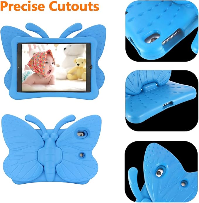 iPad 9th 8th 7th Generation Case Kids Girls, Cute Butterfly Shockproof EVA Foam Super Protection Stand Cover for iPad 2021 2020 2019 10.2" and iPad Air 3 Pro 10.5" - Blue