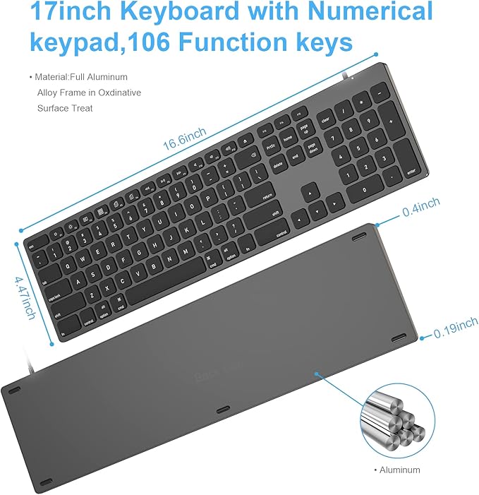 9H Aluminum USB Wired Keyboard with Numeric Keypad for Mac Pro, Mini Mac, iMac, iMac Pro, MacBook Pro/Air, Laptop and PC Computer