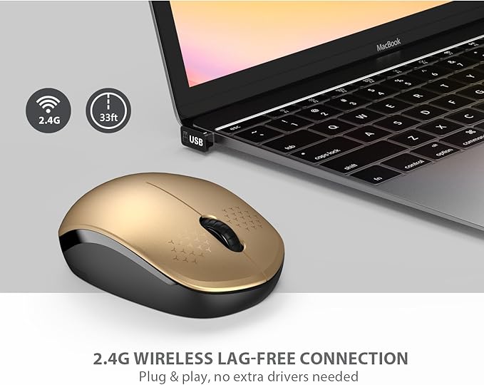 seenda Wireless Mouse for Laptop, 2.4G Noiseless Mouse with USB Receiver - Optical Tracking Portable Computer Mice for Chromebook, PC, Tablet, Windows System, 24 Months Battery Life - Black & Gold