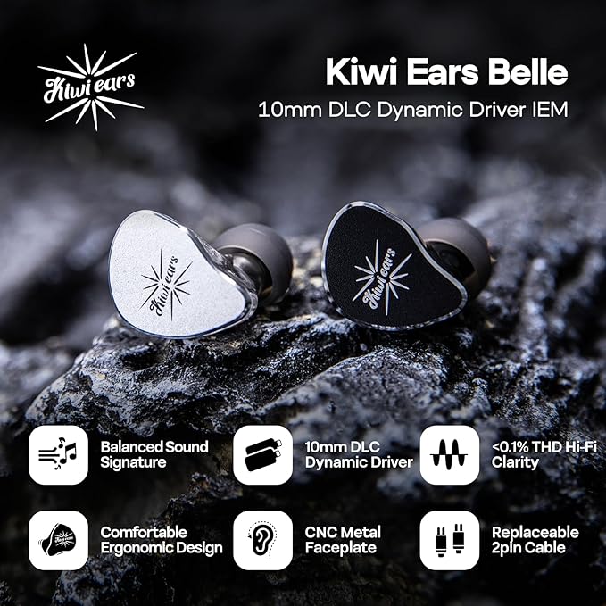 Linsoul Kiwi Ears Belle 10mm DLC Dynamic Driver in-Ear Monitor, HiFi Wired Earbuds with Dual Silver-Plated Cables, Professional IEM for Stage Performance/Gaming/Music Production (Typec MIC, Black)