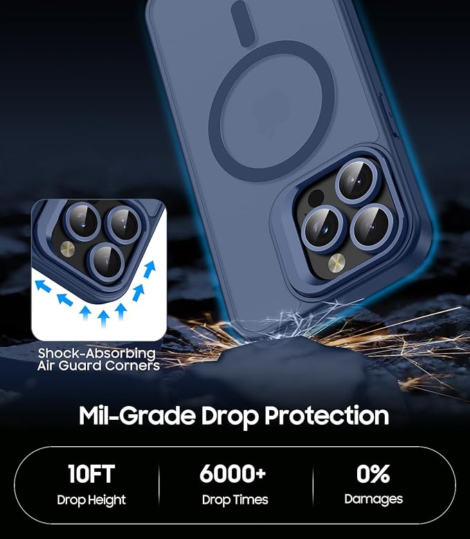 TOBOVON for iPhone 14 Pro Case, Compatible with MagSafe, Built-in Camera Ring Stand, with Individual Camera Cover, Translucent Matte Military-Grade Drop Protection Magnetic Case, Blue