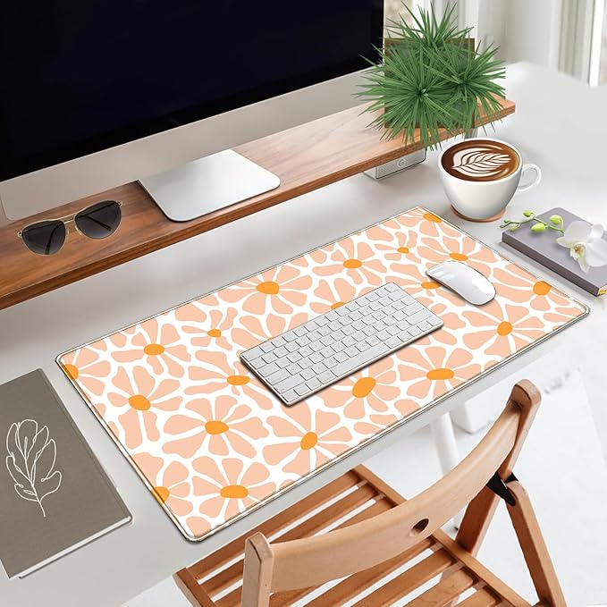 Boho Groovy Floral Leaf Mouse Pad Xl-31.5x15.7in-Desk Mousepad-Extended Aesthetic Keyboard Mouse Pad-for Desk Kid Girl with Stitched Edges Non-Slip Cozy Office Decor