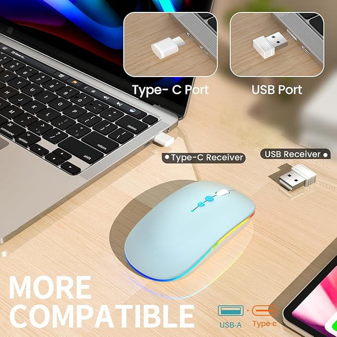Halpilt LED Wireless Mouse A100S Rechargeable Portable Silent Mouse with Optional USB and Type-C Receiver 3-Speed Adjustable DPI for PC/Mac/Laptop (Frosted Blue)