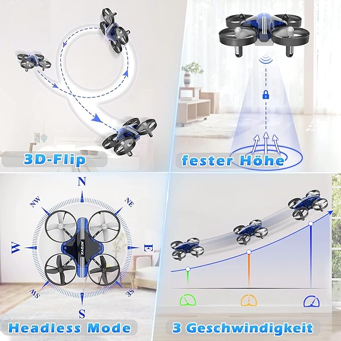Mini Drone for Kids & Beginners, Indoor RC Nano Helicopter Quadcopter with Auto Hovering,3D Flips,Portable Hand Operated, Birthday＆ Children's Day Gift for Boys and Girls,Headless Mode & Remote Control,Blue.4-blade design-ATOYX