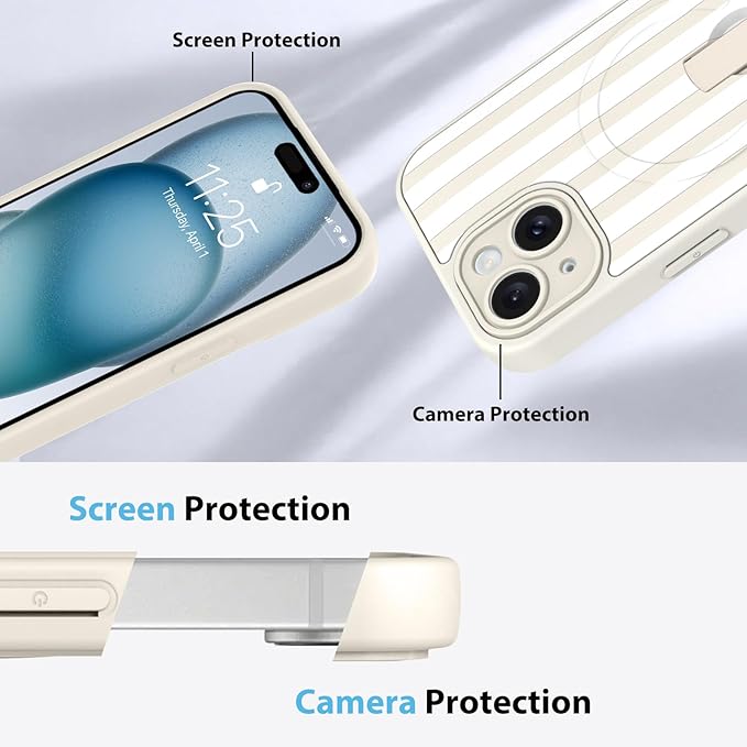 KANGHAR Compatible with iPhone 15 Case, Support for MagSafe, Silicone Stripes Cute Pattern, Wristband Kickstand Camera Protection Soft Slim Cover for Girls Women -White