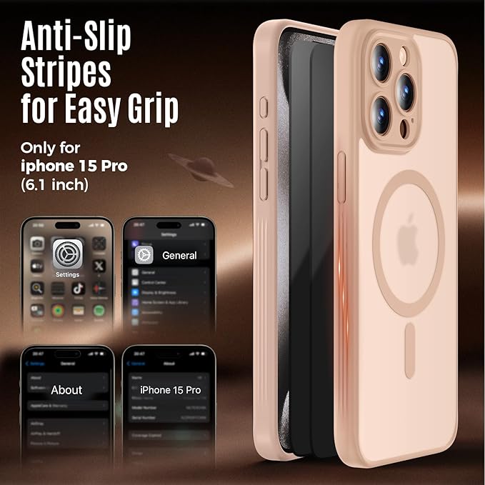 Symcele Designed for iPhone 15 Pro Case, Compatible with MagSafe, with Privacy Screen Protectors X2, [Camera Protection] [15FT Military Drop Protection] Shockpoof Phone Case, 6.1'', Light Brown