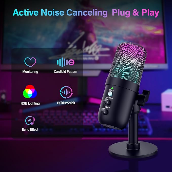 USB Microphone, Computer Condenser Mic with Noise Cancellation, Echo Mode, RGB Lighting, Mute Button, Plug & Play Gaming Mic for PC, Mac, PS5, Streaming, Recording, Podcasting & Online Meetings