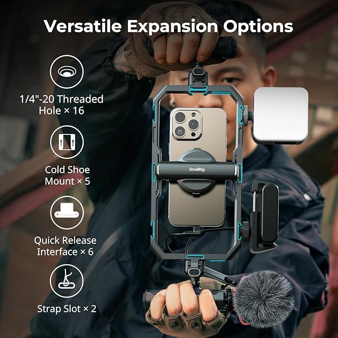 SmallRig All-in-One Universal Quick Release Phone Video Rig Kit Pro, Phone Stabilizer Rig Kit with LED Light Microphone QR Tripod Dual Handles Power Bank Holder, for Creator & Live Streaming - 4704
