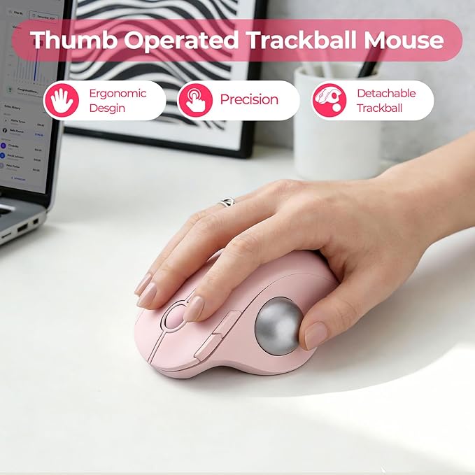 seenda Wireless Trackball Mouse, Ergonomic Bluetooth Rollerball Mouse Rechargeable, 3 Device Connection Optical Mice Adjustable DPI Thumb Control Mice Compatible for PC/Laptop/Windows/Mac - Rose Pink