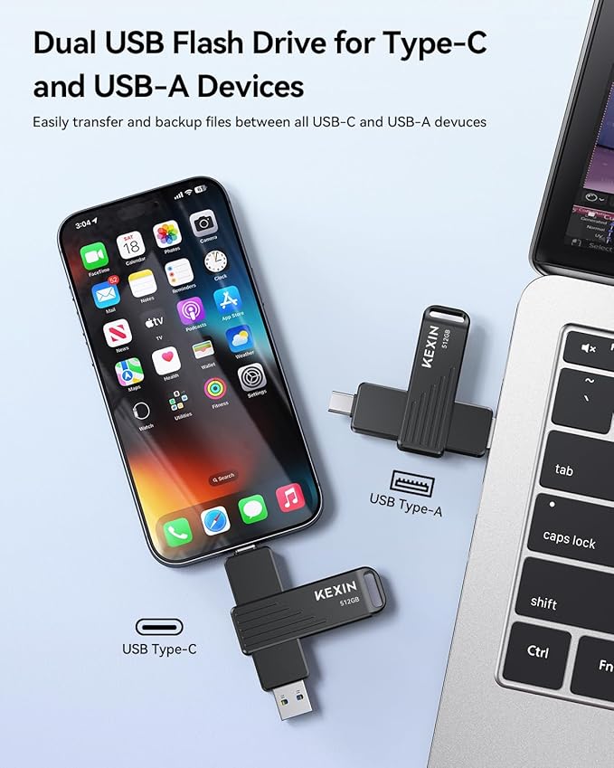 KEXIN 512GB USB C Flash Drive up to 1000MB/s Dual Thumb Drive 512G with Type-C and USB-A Connectors USB 3.2 Gen 2 USB Drive Swivel Memory Stick for iPhone 15/16/17, Smartphone, Tablet, Laptop