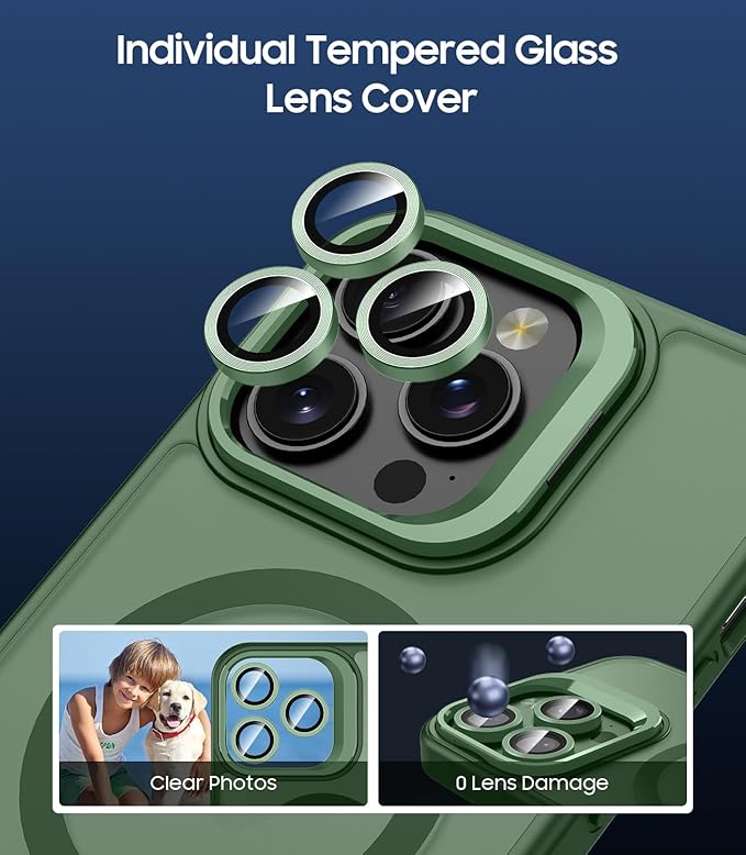 TOBOVON for iPhone 16 Pro Max Case, Compatible with MagSafe, Built-in Camera Ring Stand, with Individual Camera Cover, Translucent Matte Military-Grade Drop Protection Magnetic Case, Green