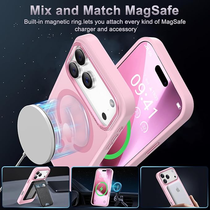 Newfuture Magnetic for iPhone 17 Pro Case [Compatible with Magsafe] [Military Grade Drop Protection] Translucent Matte Anti-Scratch Shockproof Protective Phone Cover 6.3 Inch, Chalk Pink