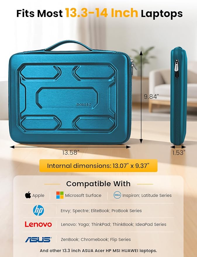 DOMISO Laptop Hard Case 14-14.4 inch Waterproof Shockproof Hard Shell Laptop Sleeve with Handle & Storage Pocket, Compatible with MacBook, HP, Dell, Teal