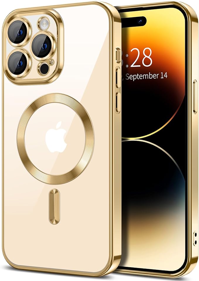 Hython Magnetic Clear for iPhone 14 Pro Case with Camera Lens Protector [Compatible with MagSafe] Luxury Plating Edge Slim Soft TPU Cover Protective Phone Case for iPhone 14 Pro 6.1", Gold