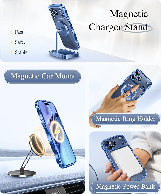 GVIEWIN for iPhone 17 Pro Case Compatible with MagSafe, Upgraded [Full Camera Protection][Cute Wave Frame][Military Grade Protection] Electroplated Hard Phone Cover for Women Girl, Clear/Blue