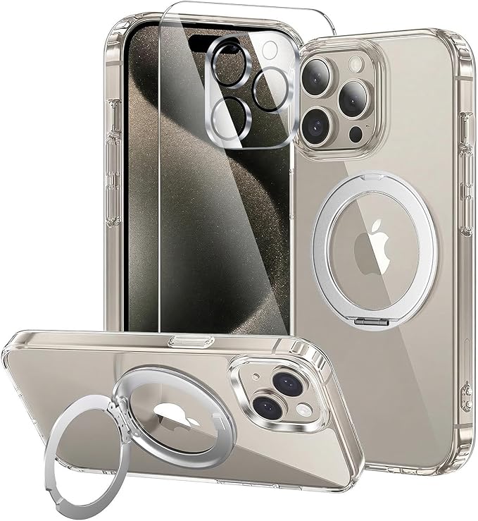 toushion 3 in 1 for iPhone 15 Pro Case Stand |Build in Kickstand,Screen Protector *1 & Camera Lens Protector*1, Not Yellowing, Fits MagSafe, Military-Grade Protection