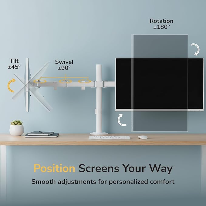 Mount-It! Dual Monitor Mount for Desk, Adjustable Tilt Swivel on Double Monitor Mounts for Screens up to 32”, Dual Monitor Arms for 2 Monitors, VESA 75x75 and 100x100 C-clamp & Grommet in White