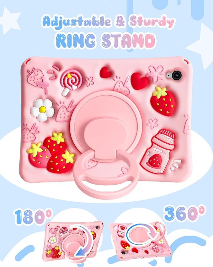 Boaretiu for Samsung Galaxy Tab S10 FE/ S9 FE Case - Soft Silicone Case with Shoulder Strap & Rotating Stand Strawberry Cute Cartoon 3D Kawaii for Girls Girly Women for Tab 2025 S10 FE/ 2023 S9 FE
