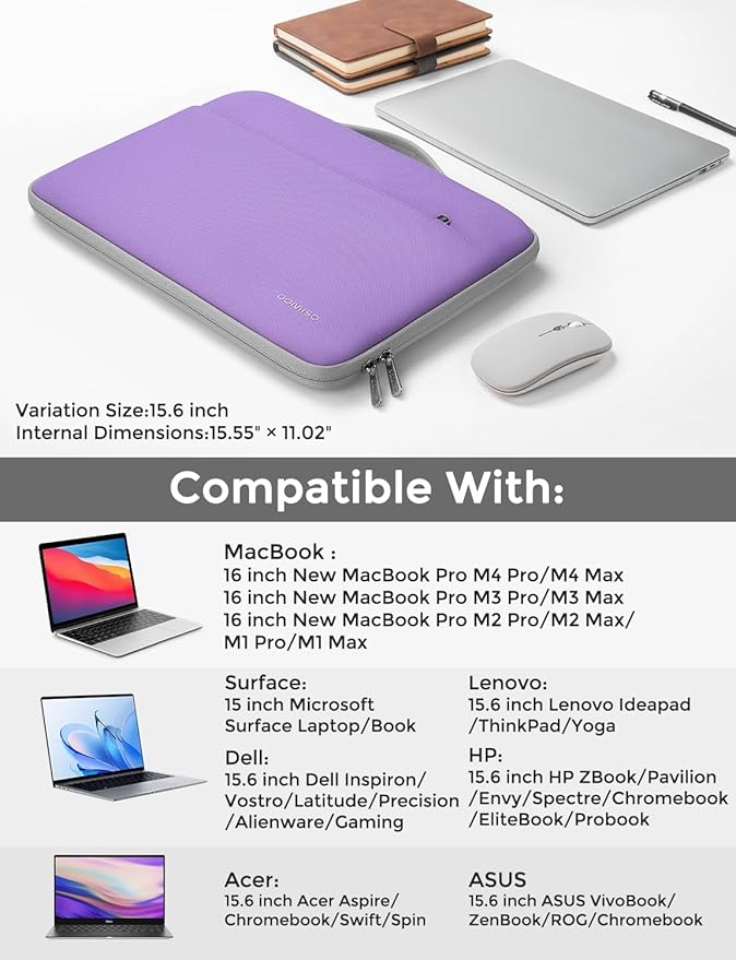 DOMISO 15.6 inch Laptop Case Sleeve Protective Cover Compatible with 16 inch MacBook Pro M4 M3 M2/Pro Max,15.6-16 inch HP Dell ASUS Lenovo Chromebook,Waterproof Computer Cases Bag with Handle,Purple