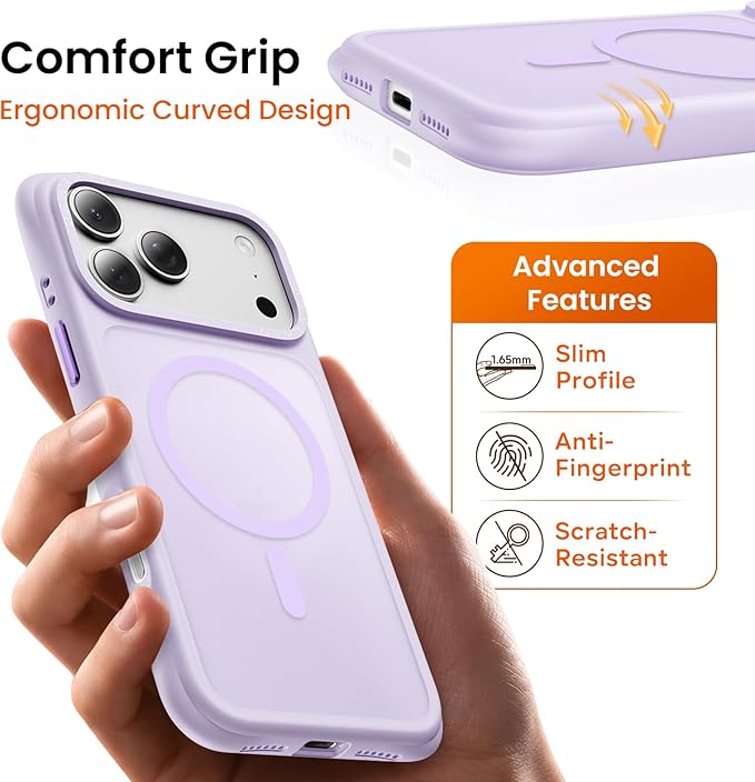 ORNARTO Magnetic for iPhone 17 Pro Max Case, 20FT Military-Grade Drop Protection, Compatible with MagSafe, Slim Shockproof Translucent Matte Phone Case for iPhone 17 Pro Max 6.9", Purple