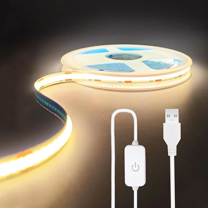ZSLAIFU A 5V USB LED Light Strip, COB LED Strip Lights, White 5V LED Lights, Small LED Strip Light, TV Lights for TV Under Cabinet Kitchen Living Room Shelving or Displays (Warm 3.28ft)