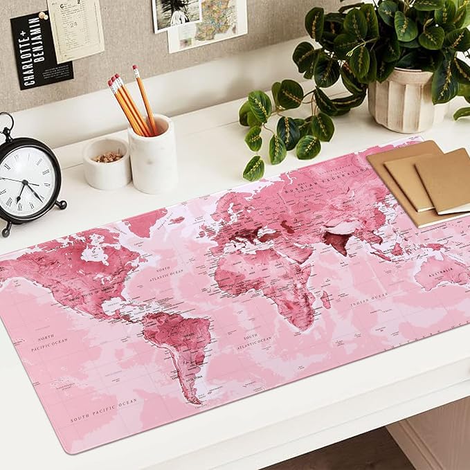 iCasso Extended Gaming Mouse Pad (35.4x15.7 in), Large 3mm Non-Slip Rubber Base Mousepad with Stitched Edges, Waterproof Keyboard Mouse Mat Desk Pad for Work, Game, Office, Home - Pink World