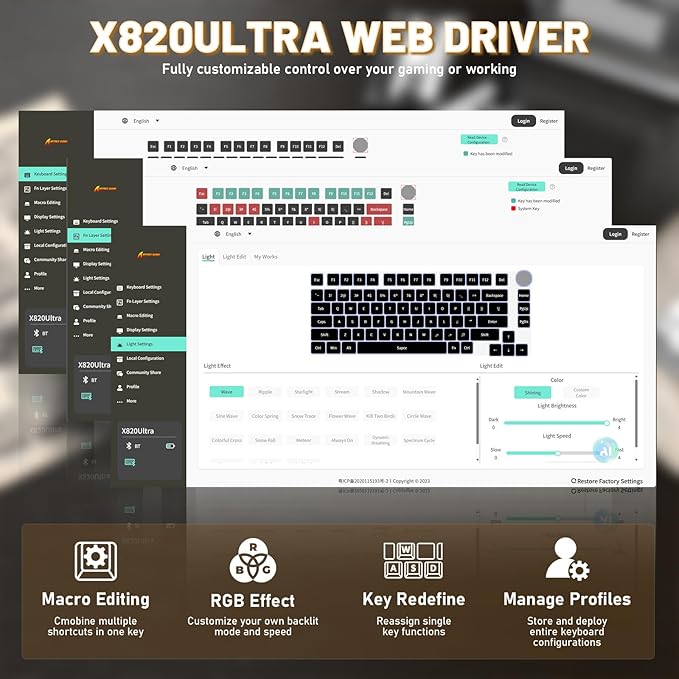 Attack Shark X820Ultra Wireless 75% Mechanical Gaming Keyboard with Screen & Knob Hot Swappable 2.4GHz/BT/Wired RGB Backlit Gasket Mount Side Print PBT Keycap QMK Web Driver Gift Switch-Moonnight
