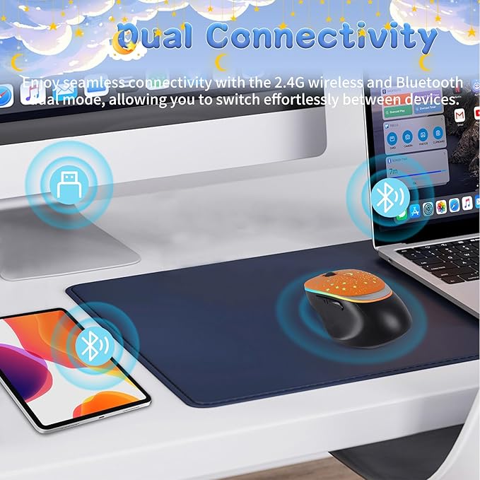 elec Space Bluetooth Wireless Mouse with Starry Sky RGB Backlight - Ergonomic Dual Mode Rechargeable Mouse, Type-C Charging - Perfect for Office, Gaming & Travel (Orange)
